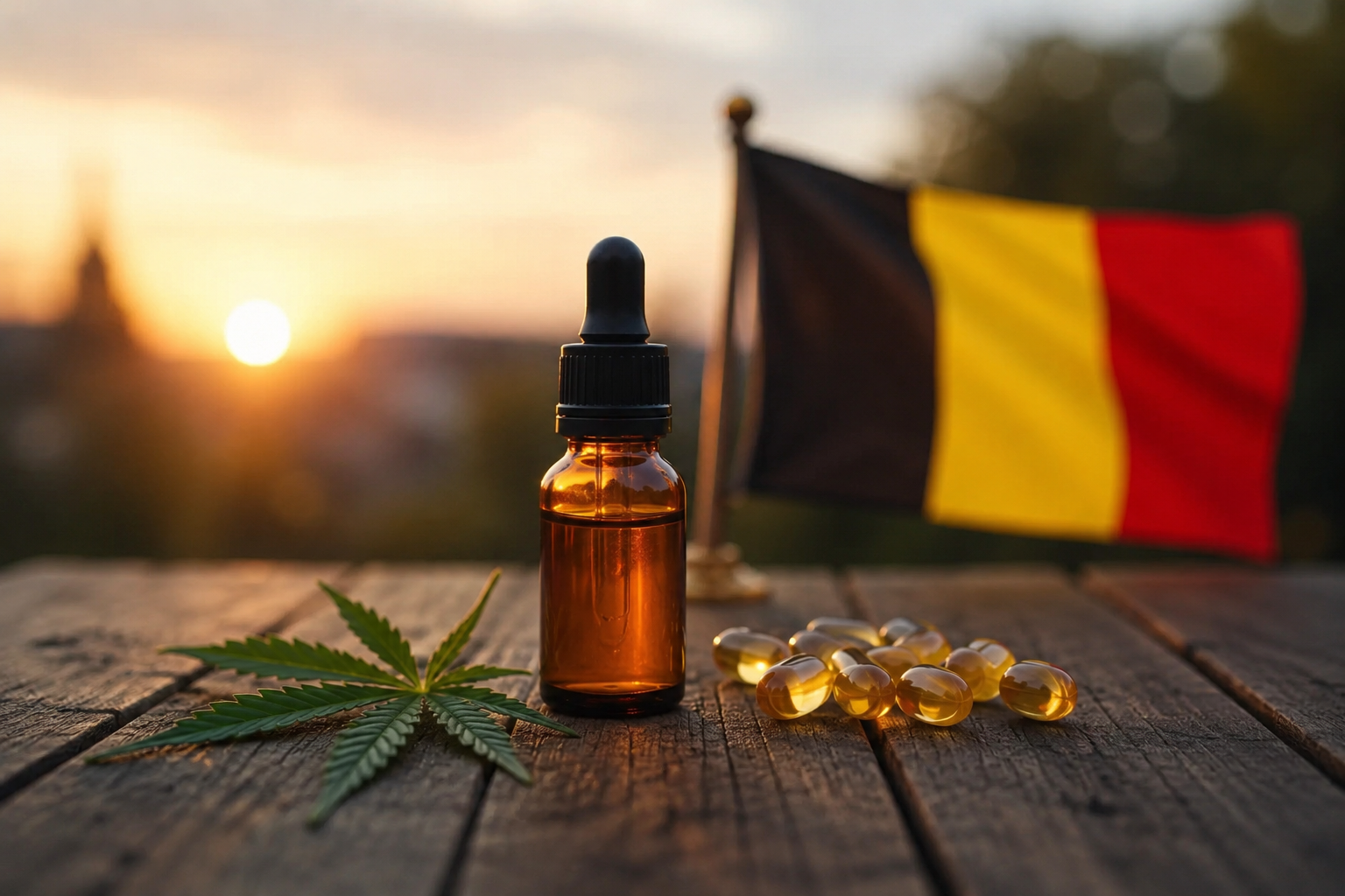 Huile de CBD et capsules de cannabidiol devant un drapeau belge, illustration de la législation du CBD légal en Belgique.